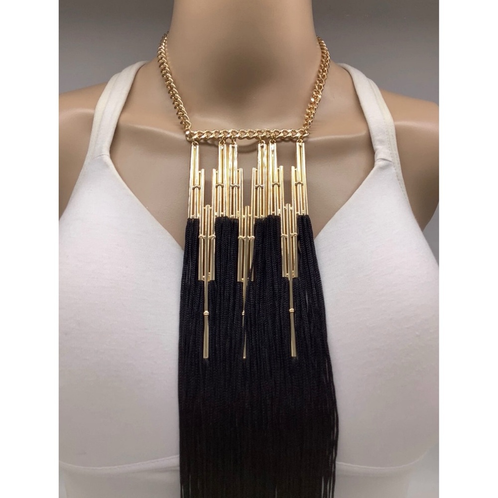 bebe Metal Bar & Long Fringe Statement Necklace - Picture 4 of 13